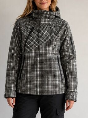 Helly Hansen Women’s Plaid Snowboard Ski Jacket Hooded Shell Gray Black Size S